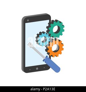 Smartphone Reparatur-Symbol. Flache isometrische Symbol oder Logo. 3D Style Piktogramm für Web-Design, UI, Mobile App, Infografik. Vektor-Illustration auf weiß ba Stock Vektor