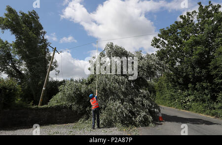 ESB Networks Besatzungen arbeiten macht, um Häuser in der Nähe von Naas, Co Kildare wiederherzustellen, nachdem Sturm Hector ungewöhnlich starke Winde von 50-70 mph Teig die gesamte Insel über Nacht sah. Stockfoto