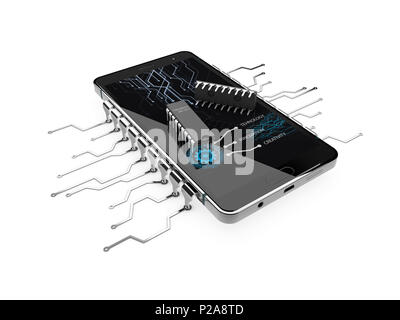 3d-Abbildung des Telefons in der Form von Microchip mit Mikrochip auf dem Bildschirm Stockfoto