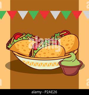 Tacos und Guacamole mexikanisches Essen Wimpel Vector Illustration Stock Vektor