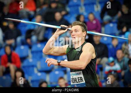 Ostrava, Tschechische Republik. 13. Juni, 2018. Thomas RÃ Böhler Deutschland konkurriert im Speerwurf Männer an der IAAF World Challenge Golden Spike in Ostrava in der Tschechischen Republik werfen. Credit: Slavek Ruta/ZUMA Draht/Alamy leben Nachrichten Stockfoto