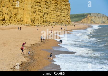 West Bay, Dorset, Großbritannien. 14. Juni 2018. UK Wetter. Besucher am Strand unter blauem Himmel und in warmen Nachmittag Sonnenschein am Strand von West Bay in Dorset gebadet. Foto: Graham Jagd-/Alamy leben Nachrichten Stockfoto