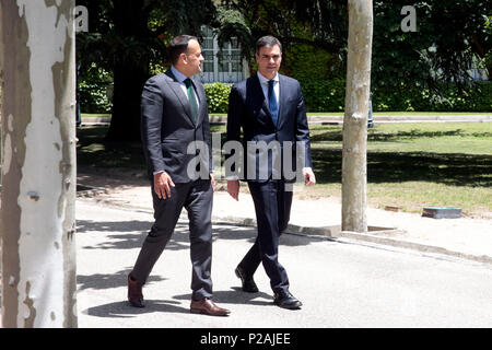 Madrid, Spanien. 14 Jun, 2018. Taoiseach Leo Varadkar in Madrid mit neuen spanischen Ministerpräsidenten Pedro Sánchez, Donnerstag, Juni 14, 2018 erfüllen. Taoiseach Leo Varadkar ist zu Gesprächen in Madrid mit neuen spanischen Ministerpräsidenten Pedro Sanchez. Das Paar wird die Brexit Verhandlungen vor einem wichtigen Gipfel der Staats- und Regierungschefs der EU in Brüssel am Ende dieses Monats sowie die Zukunft der EU und einer Reihe von bilateralen Fragen zu erörtern. Der Taoiseach wird später eine Spanish-Irish business Veranstaltung teil. Credit: Irish Auge/Alamy leben Nachrichten Stockfoto