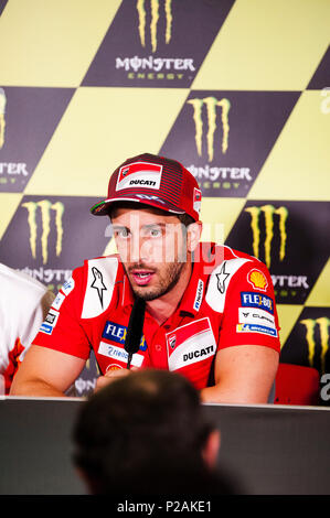 Barcelona, Spanien. 14 Jun, 2018. Circuit de Barcelona-Catalunya, Barcelona, Spanien. 14 Juni, 2018. Gran Premi Monster Energy de Catalunya MotoGP von Katalonien, Pressekonferenz; Andrea Dovizioso der Ducati Motogp Team Vorträge während der Pressekonferenz Quelle: Aktion plus Sport/Alamy leben Nachrichten Stockfoto