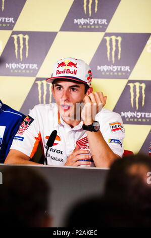 Barcelona, Spanien. 14 Jun, 2018. Circuit de Barcelona-Catalunya, Barcelona, Spanien. 14 Juni, 2018. Gran Premi Monster Energy de Catalunya MotoGP von Katalonien, Pressekonferenz; Marc Marquez der Repsol Honda Motogp Team Vorträge während der Pressekonferenz Quelle: Aktion plus Sport/Alamy leben Nachrichten Stockfoto