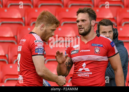 Salford, UK. 14 Jun, 2018. Donnerstag, 14 Juni 2018, AJ Bell Stadium, Salford, England; Betfred Super League, Salford Roten Teufel v Widnes Vikings; Kris Welham von Salford Roten Teufel feiert seinen Versuchen Credit: Aktuelles Bilder/Alamy leben Nachrichten Stockfoto