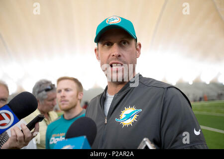 Davie, Florida, USA. 14 Juni, 2018. Miami Dolphins Trainer Adam Gase während organisiertes Team Aktivitäten auf der Baptist Health Training Service Nova Southeastern University in Davie, Florida am 14. Juni 2018. Credit: Allen Eyestone/der Palm Beach Post/ZUMA Draht/Alamy leben Nachrichten Stockfoto