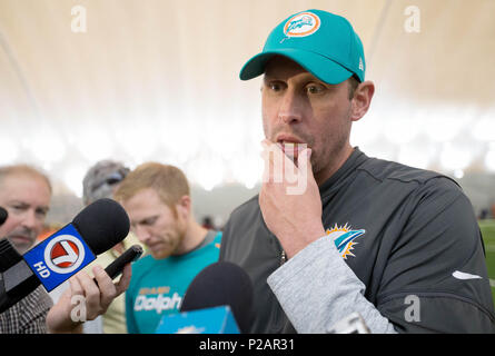 Davie, Florida, USA. 14 Juni, 2018. Miami Dolphins Trainer Adam Gase während organisiertes Team Aktivitäten auf der Baptist Health Training Service Nova Southeastern University in Davie, Florida am 14. Juni 2018. Credit: Allen Eyestone/der Palm Beach Post/ZUMA Draht/Alamy leben Nachrichten Stockfoto