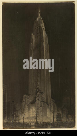 . Englisch: Drucken, vorgeschlagenen Einberufung Tower, Madison Square (Nordöstliche Ecke der Madison Avenue und East 26 Streeet), 1921. Englisch: Nacht Szene von einem Wolkenkratzer, bestehend aus einer massierten Cluster von niedrigen mehrstufige Abschnitte unten, die ihren Höhepunkt in einem monumentalen Turm. Die Struktur wird durch die Stadt Straße Lichter unter und Ströme von Licht aus einer Kapelle beleuchtet - wie zentrale Abschnitt. Ein weißes Kreuz auf der Spitze des Turms sichtbar. Fußgänger Spaziergang zwischen silhouetted blattlosen Bäume unten. . 1921 269 Drucken, vorgeschlagenen Einberufung Tower, Madison Square (Nordöstliche Ecke der Madison Avenue und East 26. S Stockfoto