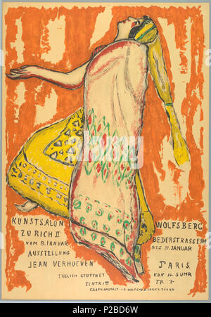 . Englisch: Poster, diplomprojekt Jean Verhoeven, Kunst Salon Wolfsburg, Ca. 1915. Englisch: Tanzende Frau, nach links, trägt ein gelbes Oberteil und Hut, und eine Creme rot und grün Kap. Text in schwarz, unten links und rechts liest über zentrale Figur: "KUNSTSALON WOLFSBERG/ZÜRICH II BEDERSTRASSE 109/VOM 9. JANUAR BIS 31. MÄRZ/JEAN VERHOEVEN PARIS/IAGLICH GEDFNET von 10-5 Uhr/EINTRI II FR 1-/GRAPH-ANSTALT J.E. WOLFENSBERGER ZÜRICH." circa 1915 232 Poster, diplomprojekt Jean Verhoeven, Kunst Salon Wolfsburg, Ca. 1915 (CH) 18731769 Stockfoto