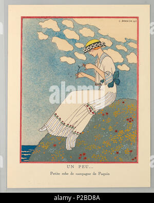 . Englisch: Drucken, Un peu... (Ein wenig...), 1913. Englisch: eine Frau sitzt auf einem Hügel in rote, gelbe und blaue Blumen bedeckt und von Wasser und ein angenehm bewölktem Himmel umgeben. Die Figur ist in einem weißen Land Kleid von Jeanne Paquin mit gestreiften Akzenten und Blumen gekleidet. Sie trägt einen gelben Hut mit Blumen beringt und zart erwägt das Daisy in den Händen. Das Bild ist in einem roten Rand umrahmt und ist unter beschriftet. . 1913 269 Drucken, Un peu - (ein wenig), 1913 (CH) 18614875 Stockfoto