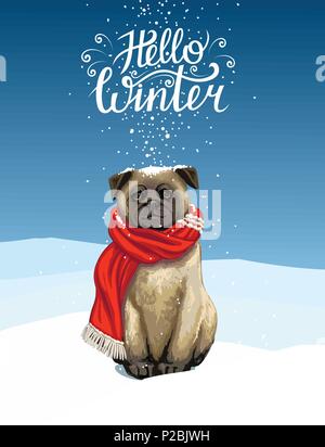 Urlaub winter Karte mit einem Mops. Schriftzug 'Hallo Winter'. Vector Illustration Stock Vektor