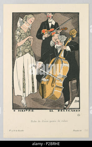 . Englisch: Drucken (Frankreich), 1920. Englisch: Die Bildunterschrift lautet: O Maitre El Relicario/Rober de Dîners garnie de Ruban. Mitte rechts ein alter Mann in Tux in einem Stuhl sitzt das Cello zu spielen. Hinter ihm ein anderer Mann in einem Tux steht hodling seine Geige in seinem Zentrum. Auf der linken Seite eine Frau hört umklammerte ihre Hände gemeinsam. Sie trägt ein Kleid mit tiefer Taille ein dunkles schiefergrau floral verpackt mieder und hohen schiere Kragen mit passenden Plissee Einsätze unter einem weißen Rock gemustert. . 1920 261 Drucken (Frankreich), 1920 (CH) 18614979 Stockfoto