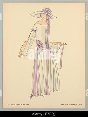 . Englisch: Drucken (Frankreich), 1922. Englisch: Zentrum eine Frau steht in einem weißen off-the-shoulder drop-taille Party Kleid mit Ärmel und Faltenrock. Auf Ihren Sonnenhut mit breiter Krempe ist ein großes violettes Bogen aus ribbions, die Schwänze von unten nach unten hängen die ähnlichen Bug positioniert auf Ihrer rechten Hüfte. . 1922 261 Drucken (Frankreich), 1922 (CH) 18614987 Stockfoto