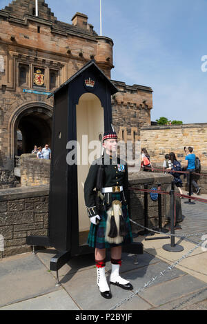 Das Edinburgh Castle guard in voller Uniform einschließlich Scottish tartan Kilt, Altstadt von Edinburgh, Edinburgh Schottland Großbritannien Stockfoto