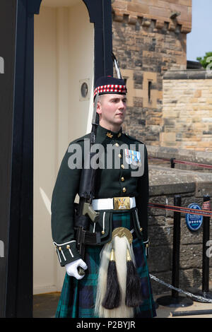 Das Edinburgh Castle guard in voller Uniform einschließlich Scottish tartan Kilt, Altstadt von Edinburgh, Edinburgh Schottland Großbritannien Stockfoto