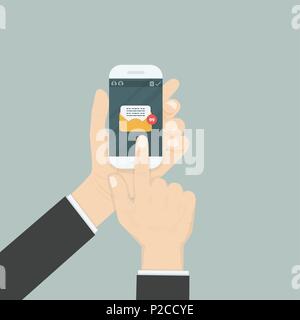 Hand, Smartphone und berührender Text Messaging. Mit neuen Nachricht auf dem Bildschirm Smartphone. Chat, SMS, Instant Messaging, Mobile Messenger conc Stock Vektor