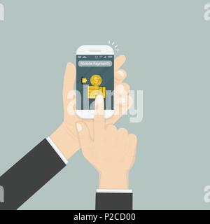 Hand, Smartphone und berührender Text Messaging. Smartphone mit Mobile Zahlungen Anwendungen auf dem Bildschirm. Mobile Konzepte. Sma Stock Vektor