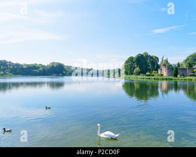 Newstead, England - 10. Juni 2018: Auf dem Gelände des Newstead Abbey die welligen Wasser des Sees spiegelt die Wolken und Bäumen gesäumten Seeufer. Die Fo Stockfoto