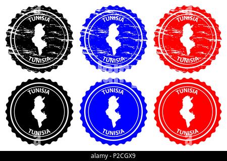 Tunesien - Stempel - Vektor, der Tunesischen Republik Karte Muster - Aufkleber - Schwarz, Blau und Rot Stock Vektor