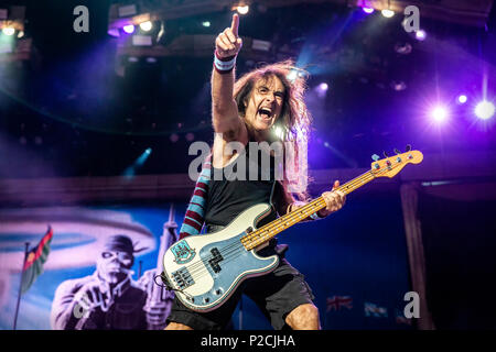 Schweden, Solvesborg - Juni 07., 2018. Iron Maiden, der Englischen heavy metal band, führt ein Live Konzert während der schwedischen Musik Festival Sweden Rock Festival 2018. Hier Bassist Steve Harris ist live auf der Bühne gesehen. (Foto: Gonzales Foto - Terje Dokken). Stockfoto