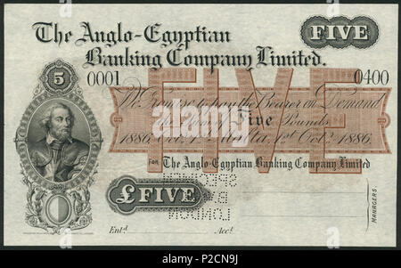 . Englisch: £ 5 Muster Banknote von der Anglo-ägyptische Banking Co. in Malta ausgestellt - 1886. 1886. Anglo-ägyptische Banking Co. 4 Anglo-ägyptische Banking Co. Malta fünf Pfund Probe 1886 Stockfoto