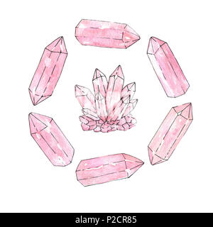 Satz von Hand gemalte Aquarell und Tusche Rosa Kristalle und Cluster isoliert auf den weißen Hintergrund. Rosenquarz Mineralien und Edelsteinen Abbildung. Stockfoto