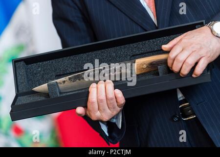 Frankreich, Paris, Reims, ein Messer von Arnaud Robinet zu Takashi Kawamura angeboten, Bürgermeister von Reims und Nagoya Stockfoto