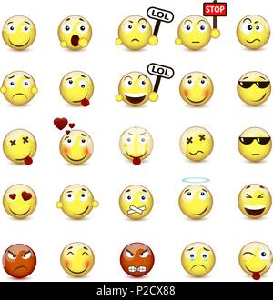 Satz mit 25 gelben Smiley mit einer anderen Stimmung Stock Vektor