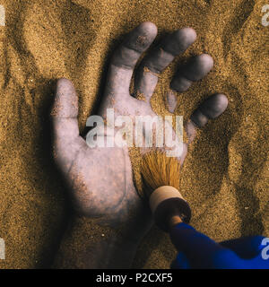 Forensische Experten entdecken Leiche in der Wüste Sand begraben. Konzeptionelle Bild für die polizeiliche Untersuchung eines kalten Fall Mord Tatort. Stockfoto