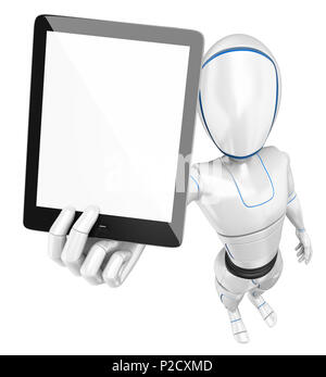 3d-futuristischen android Abbildung. Humanoide Roboter mit einem leeren Bildschirm Tablet. Isoliert weißer Hintergrund. Stockfoto