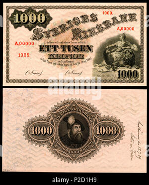 . Englisch: Schweden, Sveriges Riksbank, 1000 Kronen Muster (1909). Die ursprünglichen Designs/Gravuren für diese Note wurden 1888 eingeführt und blieb weitgehend unverändert (abgesehen von der Bezeichnung) durch 1914. Die Allegorie der Svea ist auf der Vorderseite (von Max Mirowsky), und Gustav Vasa auf der Rückseite. Auch auf der Rückseite ist eine handschriftliche Notation zur Genehmigung der Muster für die Produktion, die vom 15. Juli 1909. 1909 (Hinweis), 2015 (Bild). Jakob Bagges und Sohn (Drucker) für die Sveriges Riksbank, teils anonym, teils Max Mirowsky (Svea) 61 SWE-31 - Sveriges Riksbank-1000 Kronen (1909, Muster) Stockfoto