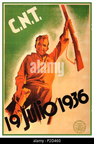 Jahrgang 1930 CNT Propaganda Spanisch Poster Juli 19, 1936 markiert den 79. Jahrestag der Beginn der Spanischen Revolution, als Anarchisten in Spanien nahm die Waffen gegen die reaktionären spanischen militärischen Kräfte, die versucht haben, in Spanien zu nehmen. Was dann folgte, war ein blutiger Bürgerkrieg und die endgültige Niederlage der spanischen Anarchisten, drei Jahre später, als Ergebnis eines Waffenembargos, kommunistischen Verrat und eine faschistische militärische Maschine von Waffen und militärischen Know-how aus dem nationalsozialistischen Deutschland und dem faschistischen Italien getankt. Confederacion Nacional del Trabajo CNT Spanien Stockfoto