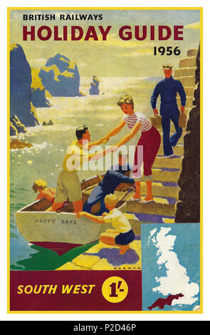 Jahrgang 1956 British Railways Holiday Guide South West 1956 von British Rail, eine idyllische Familie bootfahren Szene in Küstengebieten, South West England Günstig in der dezimalen Prägung von einem Schilling Stockfoto