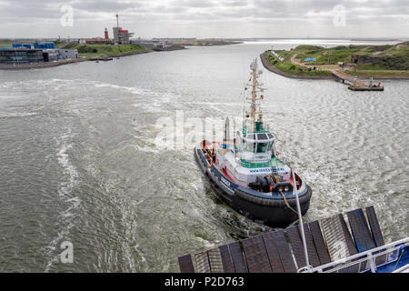 Tugboat in Dutch Harbor IJmuiden Unterstützung der Fähre nach Englischen Newcastle Stockfoto