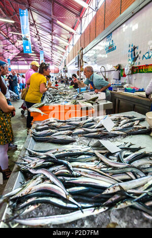 Fisch auf dem Fischmarkt ausgeht, Markthalle, Olhao, Algarve, Portugal Stockfoto