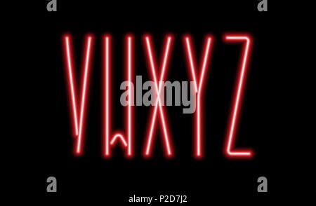 Helles Rot Neon Buchstaben auf schwarzem Hintergrund. Buchstaben V, W, X, Y, Z für Nacht Club oder Nacht Show Design. Stock Vektor