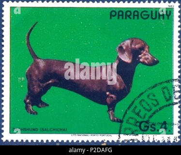 . ???????:????? . 11. Januar 1984. Stempel der Paraguai 15 Dachshund-Canis-Lupus-familiaris Stockfoto