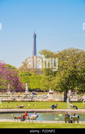 Frankreich, Paris, Bereich als Weltkulturerbe von der UNESCO, der Jardin des Tuileries und dem Eiffelturm im Frühjahr Stockfoto