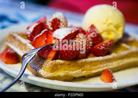 Köstliche Belgische Waffeln mit frischen Erdbeeren und Vanilleeis in einem Restaurant in der Altstadt, Brügge Brügge, Flämische R Stockfoto