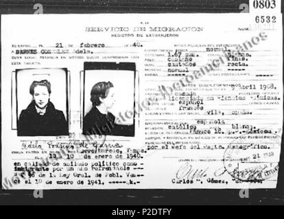 Digitalización desde una Copia de Mikrofilm del Archivo General de la Nación de México. Registro de Inmigrantes Españoles en México. Archivo General de la Administración 3 Adela Barnés González Stockfoto