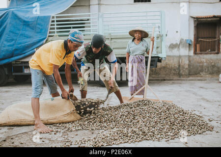 MATARAM, Indonesien - 21. AUGUST 2017: Leute an einem Cashew-nuss Lager arbeiten. Stockfoto