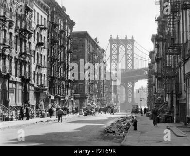 . Englisch: Digital-ID: 482679. Abbott, Berenice - Fotograf. März 06, 1936 Anmerkungen: Code: u.a. 5. Den Blick von der Pike Street in Richtung Manhattan Bridge, Straße im Halbschatten, Schutt in den Gossen, etwas Verkehr. Quelle: New York/Berenice Abbott. (Mehr Info) Repository: der New York Public Library. Sammlung Fotografie, Miriam und Ira D. Wallach Abteilung für Kunst, Drucke und Fotografien. 6. März 1936. Berenice Abbott (1898-1991) Abt; Alternative Namen Berenice Berenice Abbott Beschreibung amerikanischer Fotograf Geburtsdatum / Tod 17. Juli 1898 vom 9. Dezember 1991 Lage von birt Stockfoto