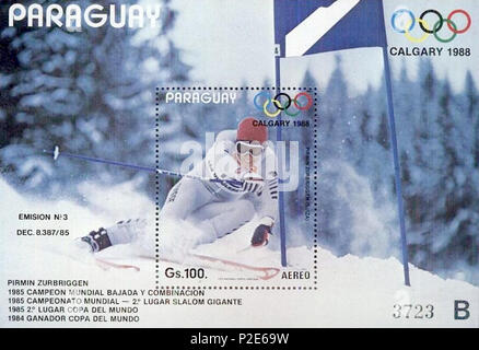 . Pirmin Zurbriggen. 1988. Unbekannt 41 Pirmin Zurbriggen 1988 Paraguay Stempel Stockfoto