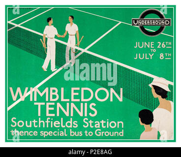 Jahrgang 1933 Wimbledon Tennis Plakat werbung Lithographie im Art déco-Stil. Künstler Andre Edouard Marty erstellt dieses Plakat für Wimbledon entspricht dem 26. Juni - 8. Juli 1933 mit Zugang von der Londoner U-Bahn über die southfields Station Stockfoto