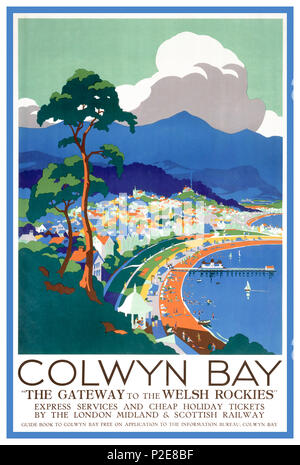 30er Vintage Colwyn Bay, Wales UK Travel Poster Colwyn Bay, Wales UK London, Midland and Scottish Railway "Gateway auf die Walisische Rockies' Stockfoto