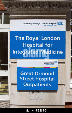 Das Royal London Hospital für Integrierte Medizin Zeichen außerhalb homöopathischen Krankenhaus Great Ormond Street London England Großbritannien UK Stockfoto