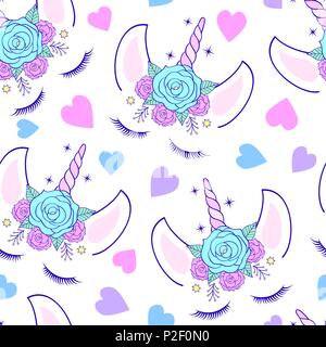 Nahtlose Muster mit Kopf von Einhorn auf weißem Hintergrund Stock Vektor