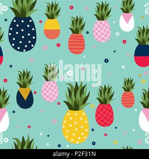 Ananas nahtlose Muster Abbildung, bunte Memphis Retro Stil Obst Hintergrund. Abstrakte geometrische Form Dekoration für den Sommer. EPS 10 Vektor. Stock Vektor
