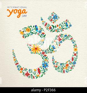 Internationale yoga Tag Grußkarte. Om Symbol der Blume Dekoration. Spirituelle Zeichen auf Papier Textur Hintergrund, religiöser Indien Kultur calligr Stock Vektor